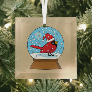 Snow Globe with Cute Red Cardinal Glass Ornament