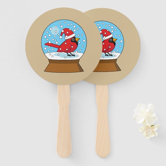 Snow Globe with Cute Red Cardinal Hand Fan (Front and Back)