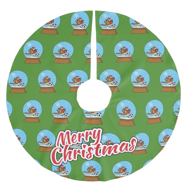 Snow Globe with Cute Sparrow Playing Soccer Brushed Polyester Tree Skirt (Front)