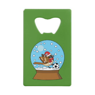 Snow Globe with Cute Sparrow Playing Soccer Credit Card Bottle Opener