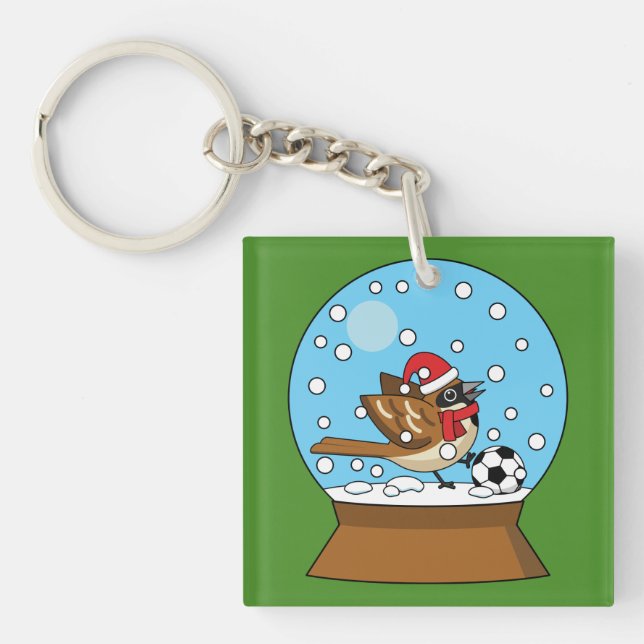 Snow Globe with Cute Sparrow Playing Soccer Keychain (Front)