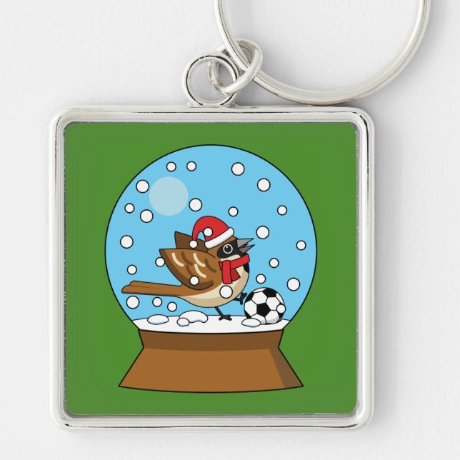 Snow Globe with Cute Sparrow Playing Soccer Keychain (Front)