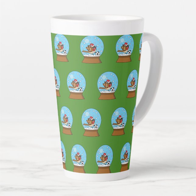 Snow Globe with Cute Sparrow Playing Soccer Latte Mug (Right Angle)