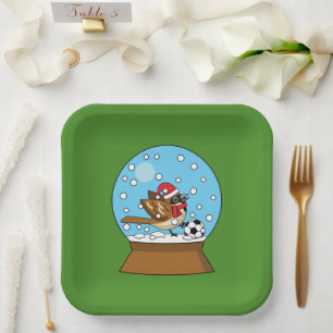 Snow Globe with Cute Sparrow Playing Soccer Paper Plate