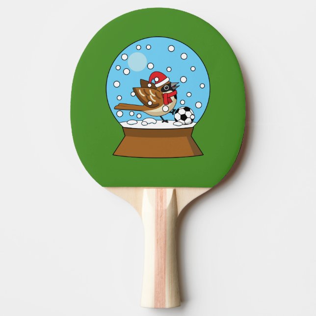 Snow Globe with Cute Sparrow Playing Soccer Ping Pong Paddle (Front)