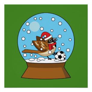 Snow Globe with Cute Sparrow Playing Soccer Poster