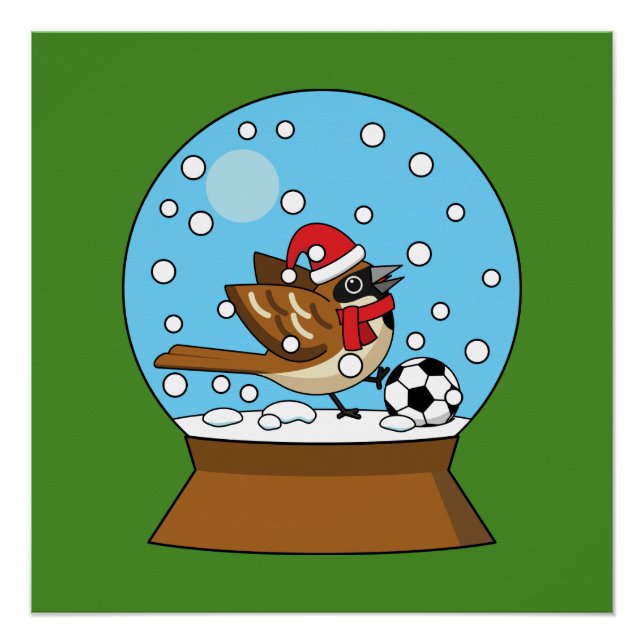 Snow Globe with Cute Sparrow Playing Soccer Poster (Front)