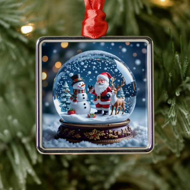 Snow globe with Santa, a Reindeer and Snowman Metal Ornament (Tree)