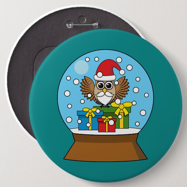 Snow Globe with Santa Claus Owl 6 Inch Round Button (Front & Back)