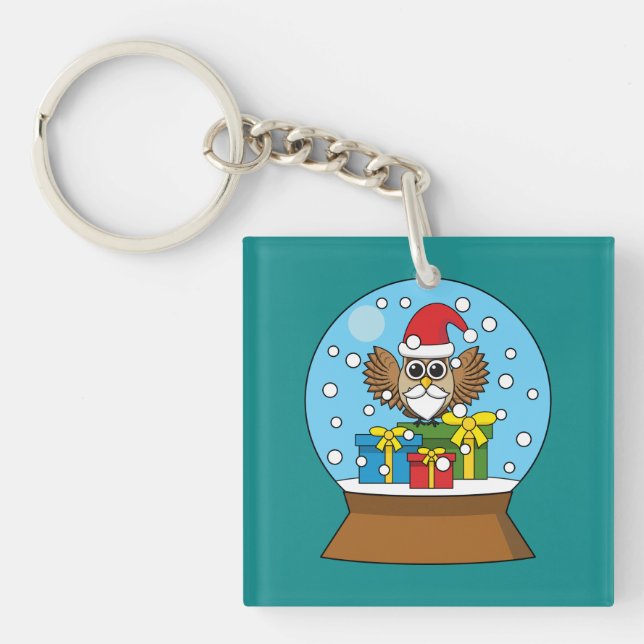 Snow Globe with Santa Claus Owl Keychain (Front)