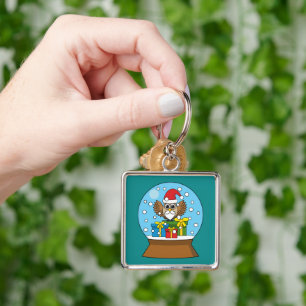 Snow Globe with Santa Claus Owl Keychain