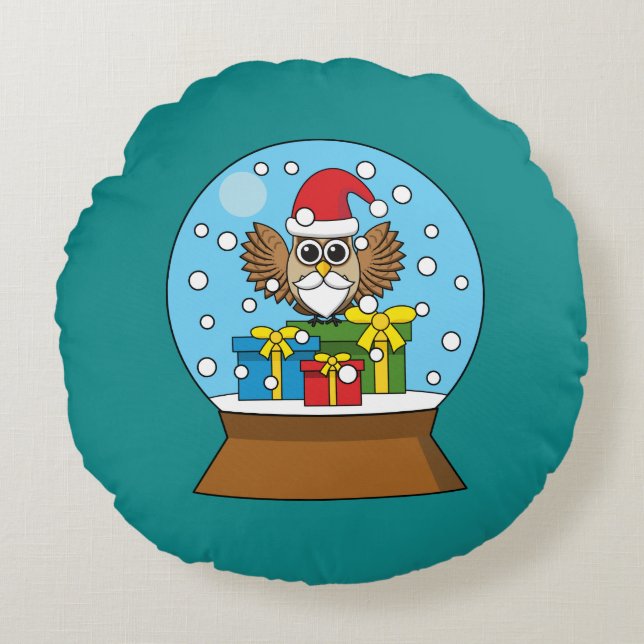 Snow Globe with Santa Claus Owl Round Pillow (Front)