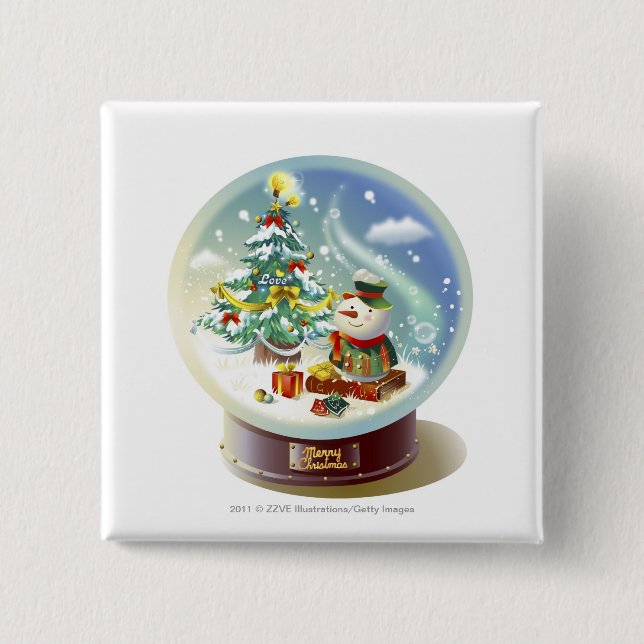 Snow globe with snowman and Christmas tree 2 Inch Square Button (Front)