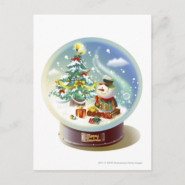Snow globe with snowman and Christmas tree Holiday Postcard (Front)