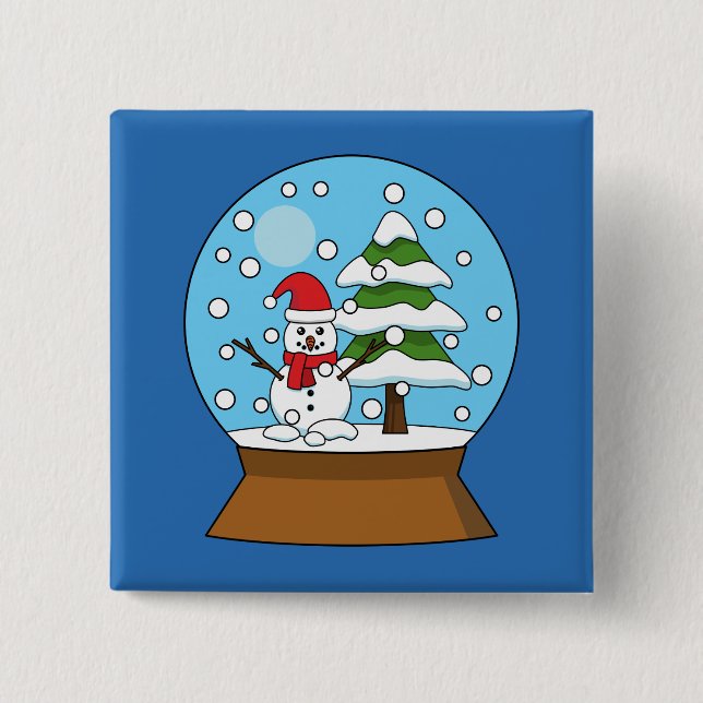 Snow Globe with Snowman and Pine Tree 2 Inch Square Button (Front)