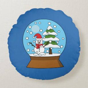 Snow Globe with Snowman and Pine Tree Round Pillow