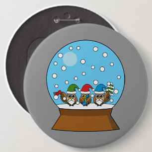 Snow Globe with Three Gnome Owls 6 Inch Round Button