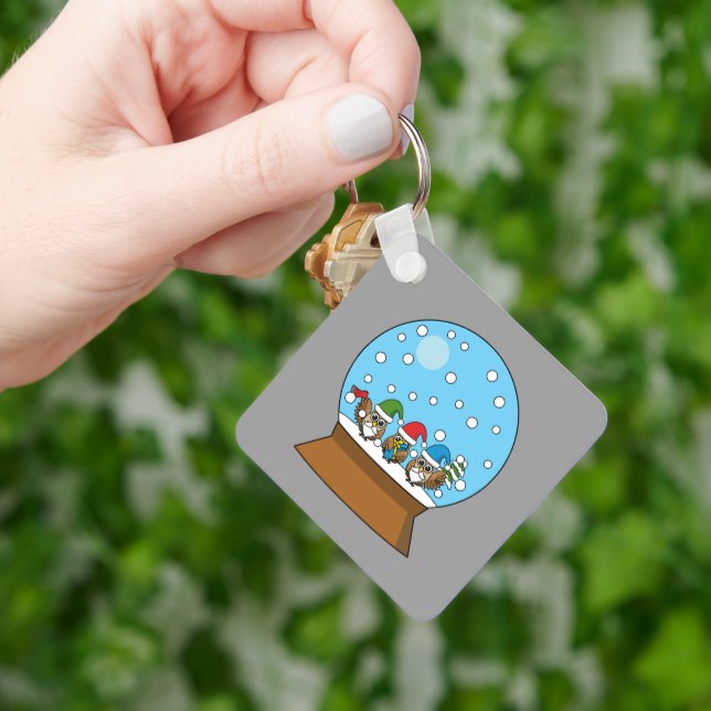 Snow Globe with Three Gnome Owls Keychain (Hand)