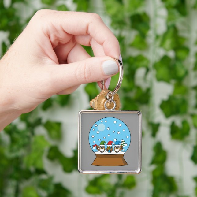 Snow Globe with Three Gnome Owls Keychain (Hand)