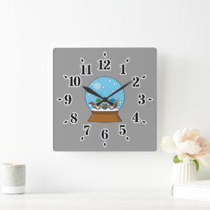 Snow Globe with Three Gnome Owls Square Wall Clock