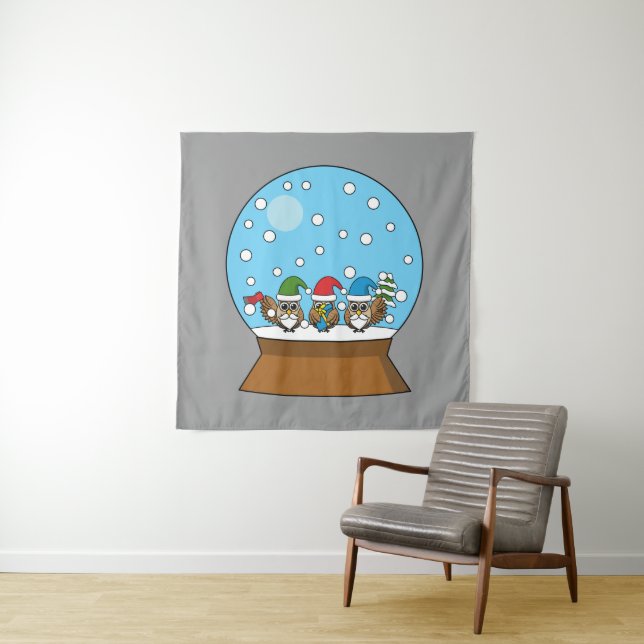 Snow Globe with Three Gnome Owls Tapestry (In Situ)