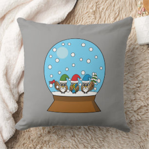 Snow Globe with Three Gnome Owls Throw Pillow