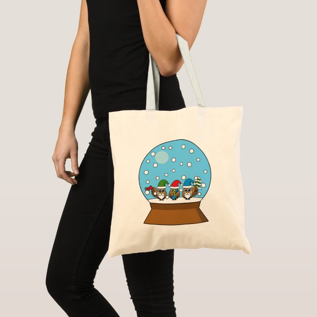 Snow Globe with Three Gnome Owls Tote Bag (Front (Product))