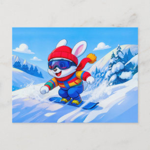Snow Hare Snowboarding on a Winter Mountain Postcard