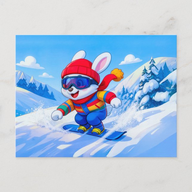 Snow Hare Snowboarding on a Winter Mountain Postcard (Front)