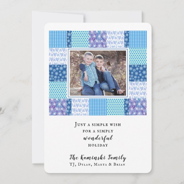 Snow Hearts Blue Quilt Winter Holiday Photo Card (Front)