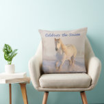 Snow Horse Christmas Saying Winter Throw Pillow<br><div class="desc">Winter season throw pillow with white horse in the snow. A beautiful white horse is pictured on both sides of square pillows with size and fabric options. Also choose to have a zipper for easy cleaning. Colours are periwinkle blue with off-white. The reverse has no text and although the sample...</div>