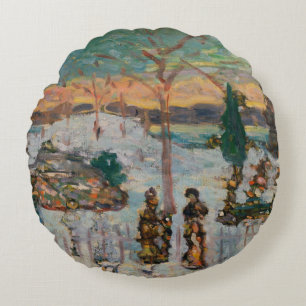 Snow in April by Maurice Prendergast, Vintage Art Round Pillow