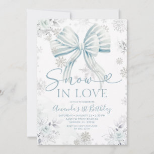 Snow In Love Blue Bow Silver Snowflake Birthday Invitation