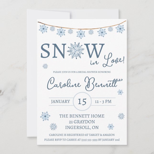 SNOW in Love! Blue Snowflake Bridal Shower Invitation (Front)