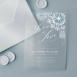 Snow in Love Bridal Shower Acrylic Invitation<br><div class="desc">Celebrate love with our Snow in Love Bridal Shower Acrylic Invitation, featuring elegant watercolor snowflakes in soft dusty blue. The modern calligraphy script and silver glitter accents add a chic, festive touch, perfect for a winter wonderland bridal shower. This invitation beautifully combines a cozy winter theme with refined design elements,...</div>
