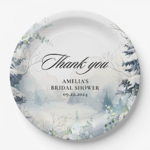Snow in love dusty blue Winter Bridal Shower Paper Plate