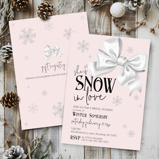 Snow In Love Modern Bow Pink Winter Bridal Shower Invitation (Simple elegant minimal Snow In Love watercolor white bow snowflakes pink bridal shower invitation)