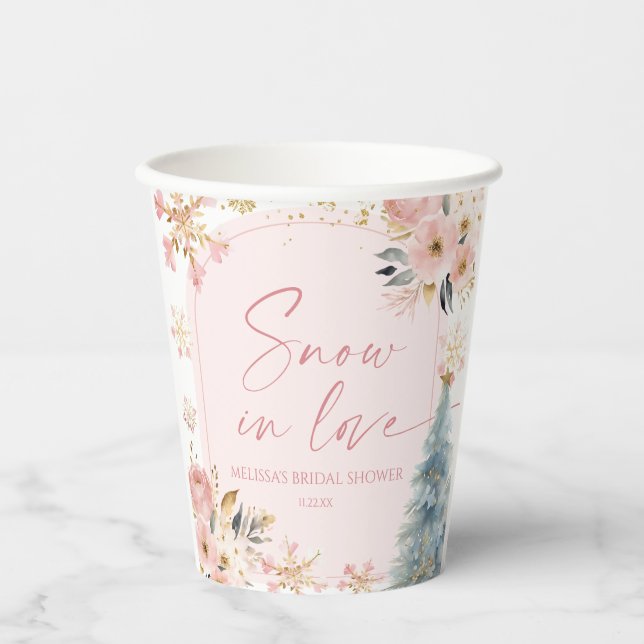 Snow In Love Pink Snowflake Winter Bridal Shower Paper Cups (Front)