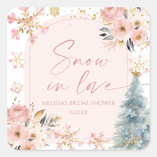 Snow In Love Pink Snowflake Winter Bridal Shower Square Sticker (Front)