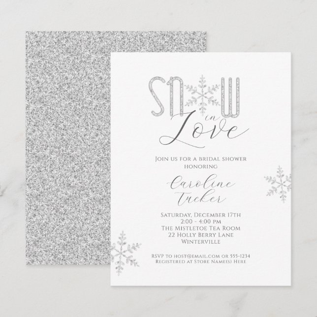 Snow in Love Silver Snowflakes Bridal Shower Invitation (Front/Back)