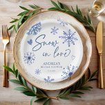 Snow in love snowflakes winter bridal shower paper plate<br><div class="desc">Snow in love snowflakes winter bridal shower monogrammed paper plates template,  dusty blue boho snowflakes doodles with hearts bridal shower personalized paper plates boho bridal shower party supplies customized paper plates</div>