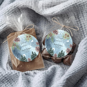 Snow in love snowy pines winter bridal shower classic round sticker
