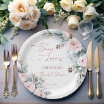 Snow in love snowy pines winter bridal shower paper plate<br><div class="desc">Snow in love winter bridal shower personalized paper plates template,  watercolor dusty pink winter blush pink roses on snowy pines branches with pine cones snowflakes winter bridal shower monogrammed paper plates winter bridal shower printed napkins personalized bridal shower table decor</div>