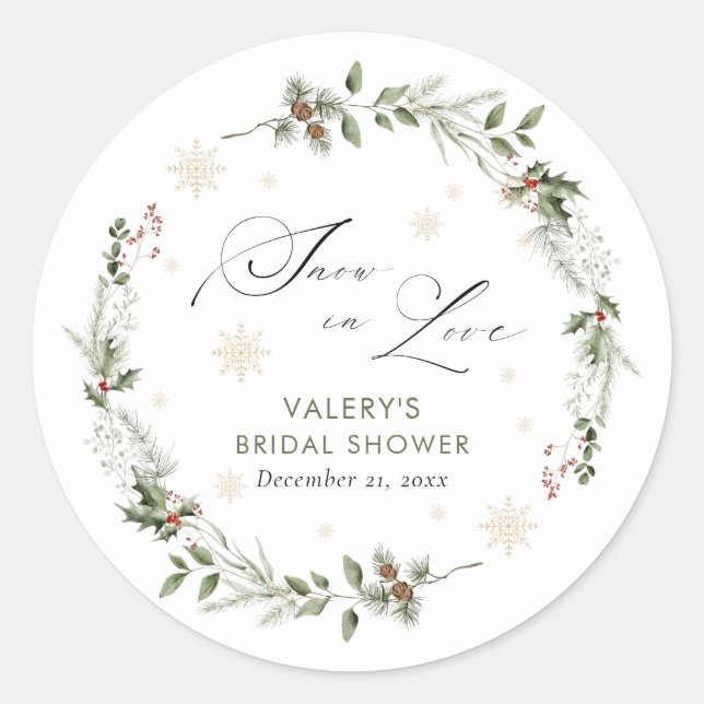Snow in Love Winter Bridal Shower Classic Round Sticker (Front)
