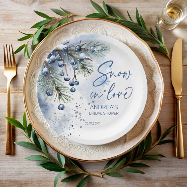 Snow in love winter bridal shower monogrammed paper plate (Snow in love winter bridal shower personalized  monogrammed paper plates customized party tableware)