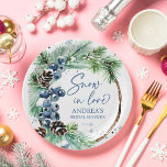 Snow in love winter bridal shower pines wreath paper plate<br><div class="desc">Snow in love winter bridal shower template party plates,  watercolor dusty blue winter berries on snowy pine branches snowflakes modern casual font personalized bridal shower tableware custom plates</div>