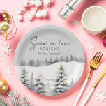 Snow in love winter pine forest bridal shower paper plate<br><div class="desc">Snow in love winter pine forest bridal shower tableware template paper plates,  pastel dusty sage green watercolor pines invitation for winter themed bridal shower personalized party plates.</div>
