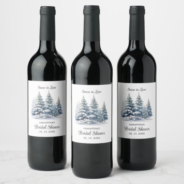 Snow in Love winter pine forest Bridal Shower Wine Label (Bottles)