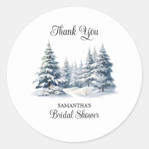 Snow in Love winter pine forest Bridal Thank You Classic Round Sticker