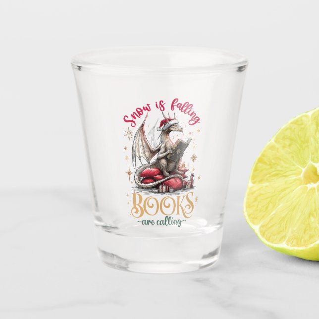 Snow Is Falling, Books Are Calling  Shot Glass (Front)